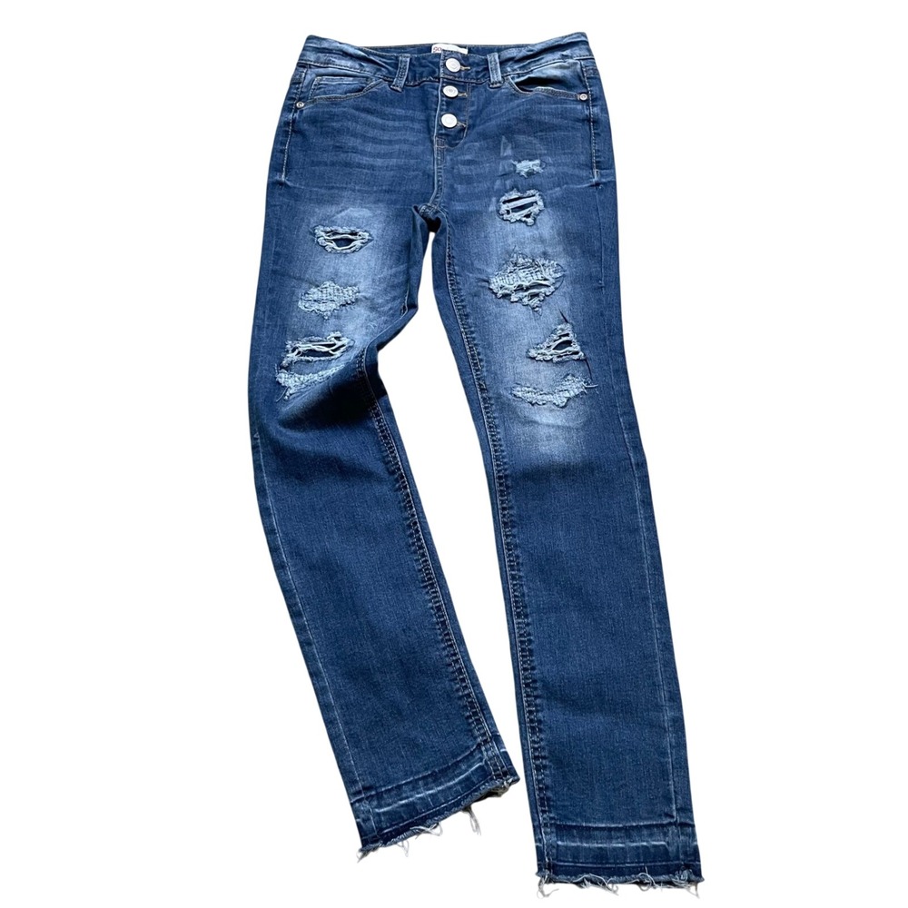 SO Distressed Denim Jeans Women's Frayed Hem Button Fly Dark Wash Blue Size 10 - Picture 1 of 6